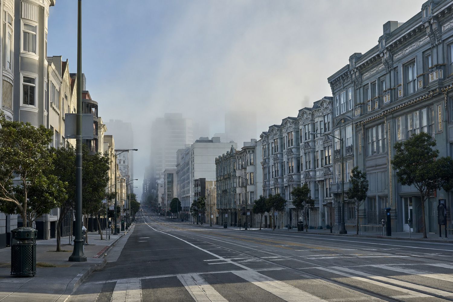 Van Ness Avenue in San Francisco on a foggy morning